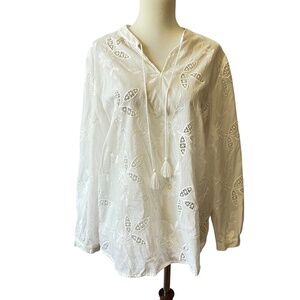 J MCLAUGHLIN TOP M FLORAL EYELET TASSEL BOHO COTTON COASTAL GRANDMA BREATHABLE